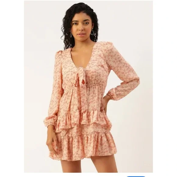 Forever 21 Pink Floral Print Ruffle Tiered Long Sleeve Mini Dress XXL